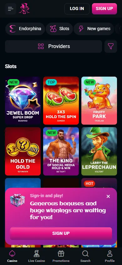 Spinsup Casino games area on a mobile device