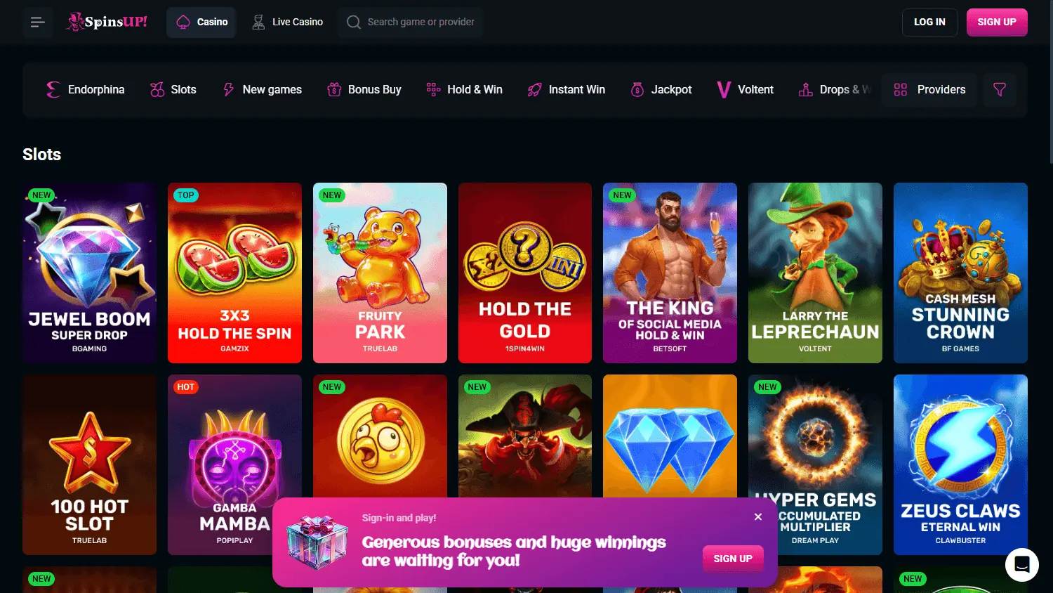Spinsup Casino games area on desktop