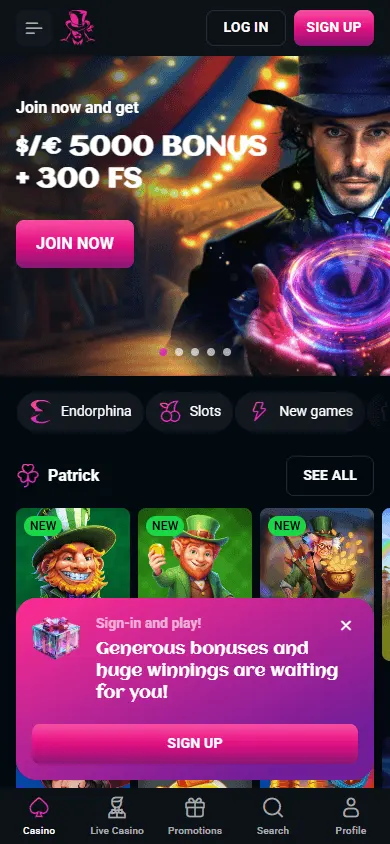 Spinsup Casino home page on a mobile device