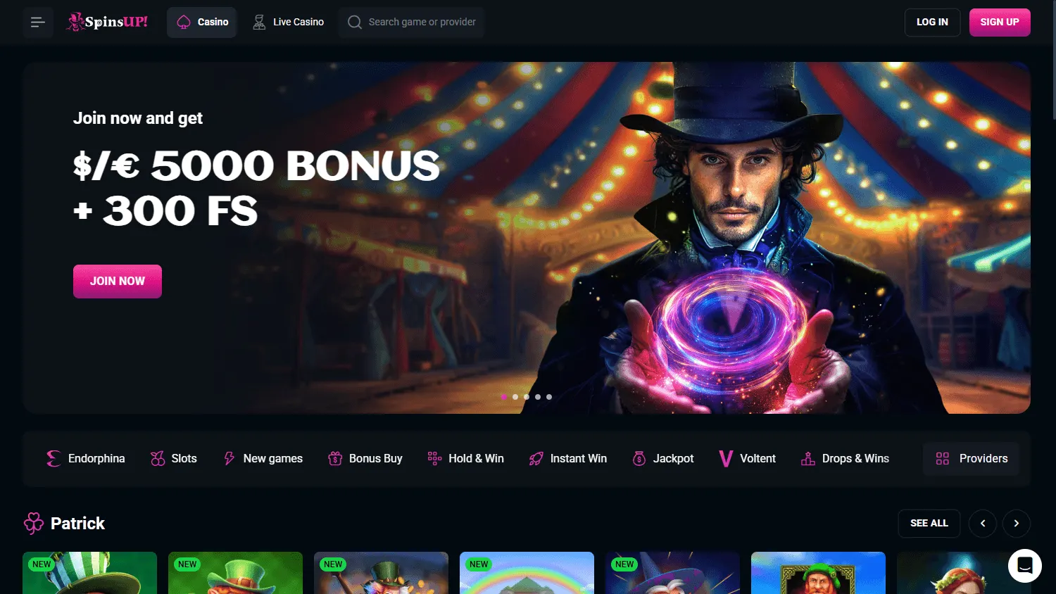 Spinsup Casino home page on desktop