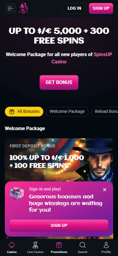 Spinsup Casino promotions area on a mobile device