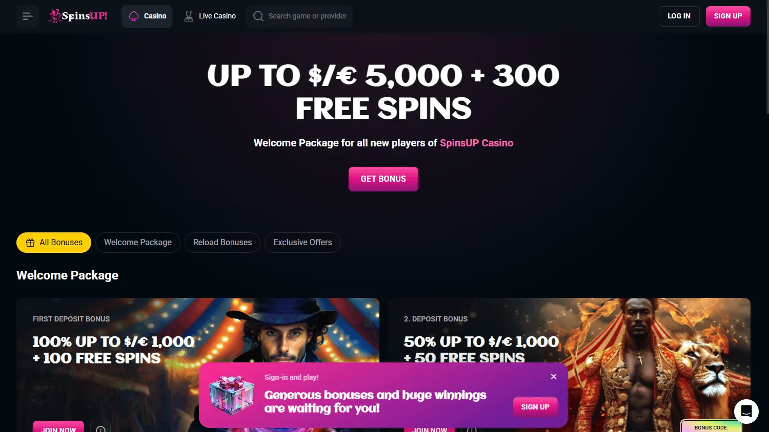 Spinsup Casino promotions area on desktop